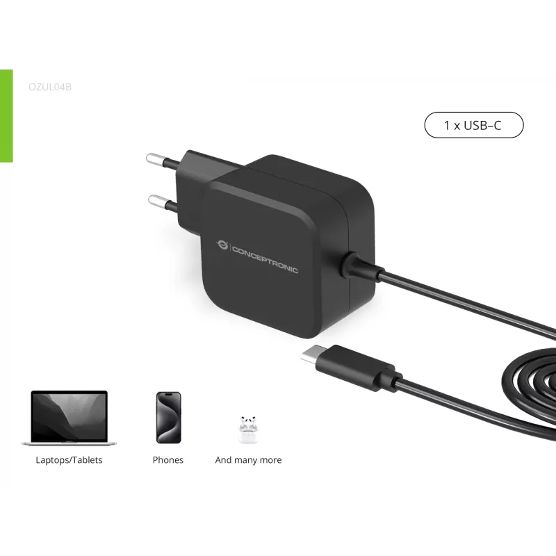 Conceptronic OZUL04BE 67W GaN USB PD nabíjačka, integrovaný USB-C kábel