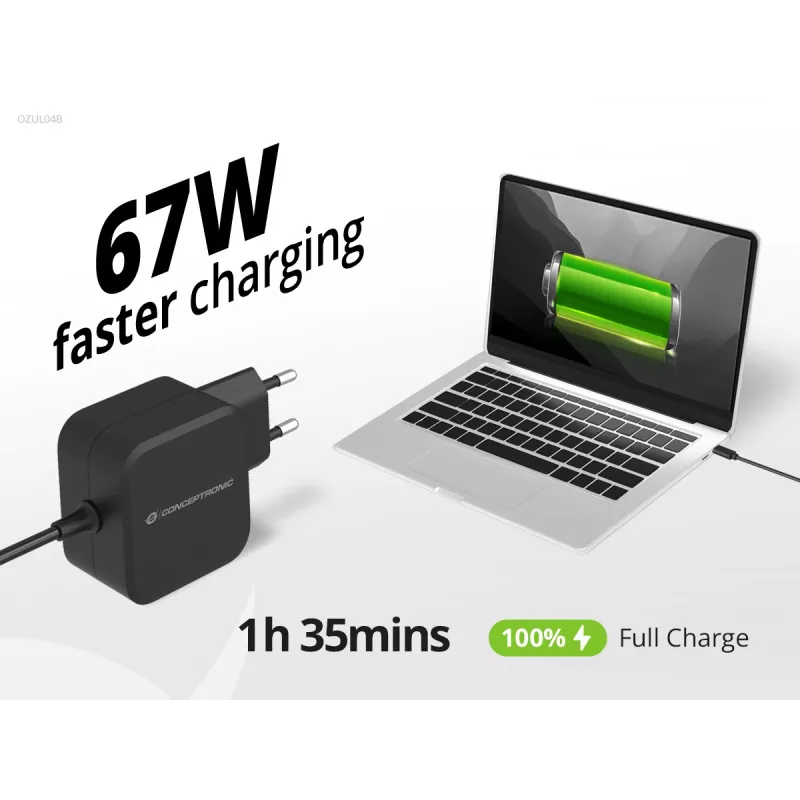 Conceptronic OZUL04BE 67W GaN USB PD nabíjačka, integrovaný USB-C kábel