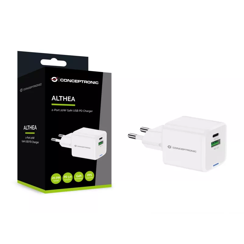 Conceptronic 2-port 20W GaN USB PD nabíjačka, USB-C x 1, USB-A x 1 ALTHEA15W