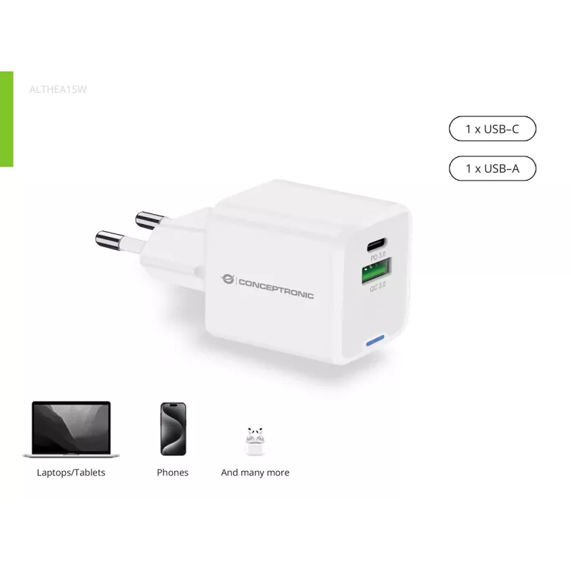 Conceptronic 2-port 20W GaN USB PD nabíjačka, USB-C x 1, USB-A x 1 ALTHEA15W