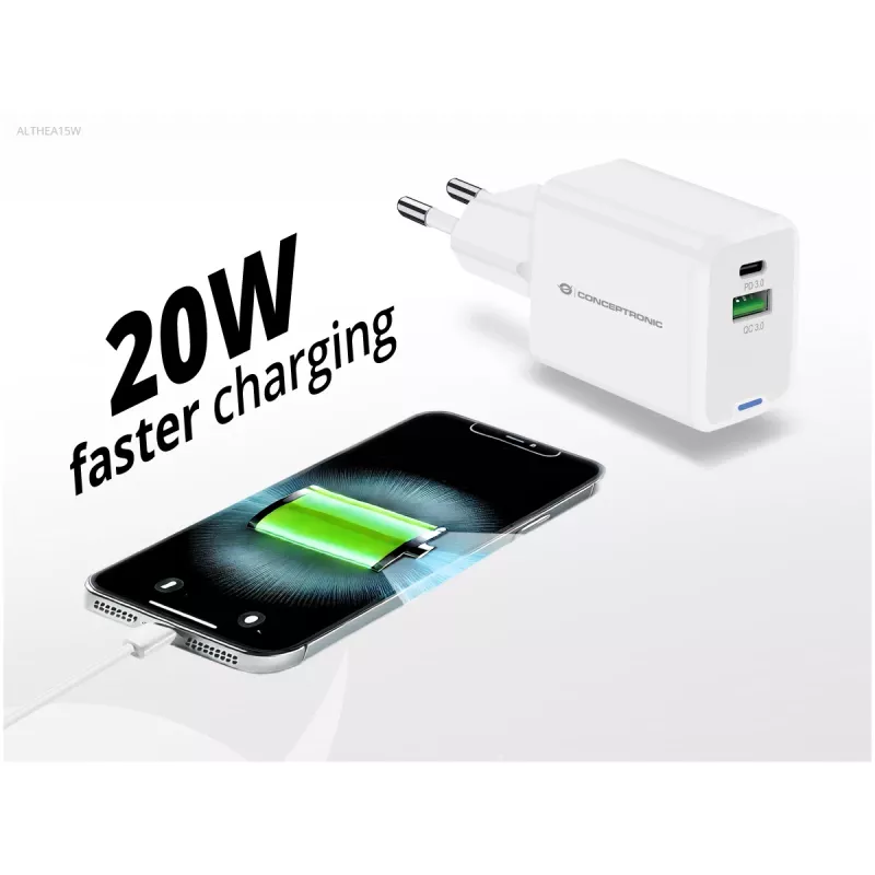 Conceptronic 2-port 20W GaN USB PD nabíjačka, USB-C x 1, USB-A x 1 ALTHEA15W