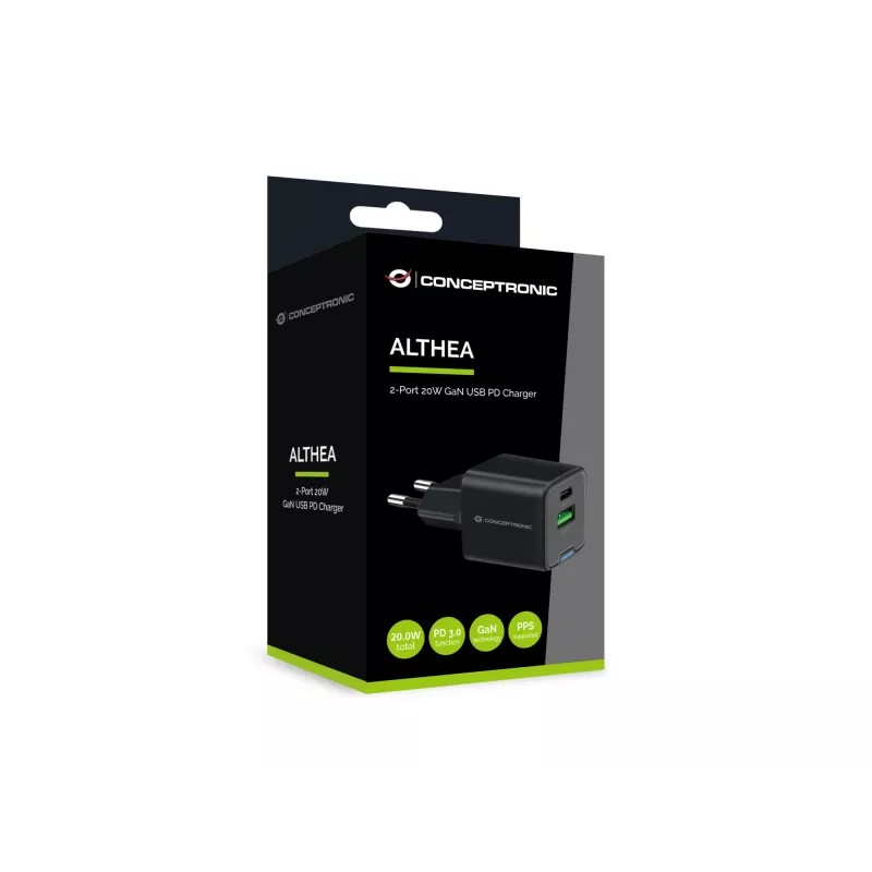 Conceptronic 2-port 20W GaN USB PD nabíjačka, USB-C x 1, USB-A x 1, QC 3.0, PPS