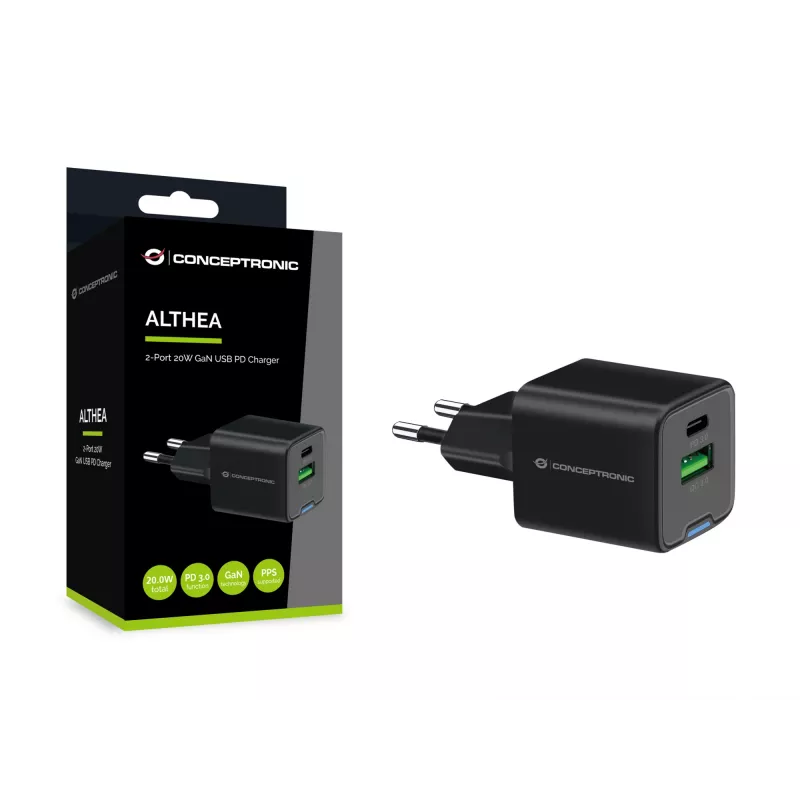 Conceptronic 2-port 20W GaN USB PD nabíjačka, USB-C x 1, USB-A x 1, QC 3.0, PPS