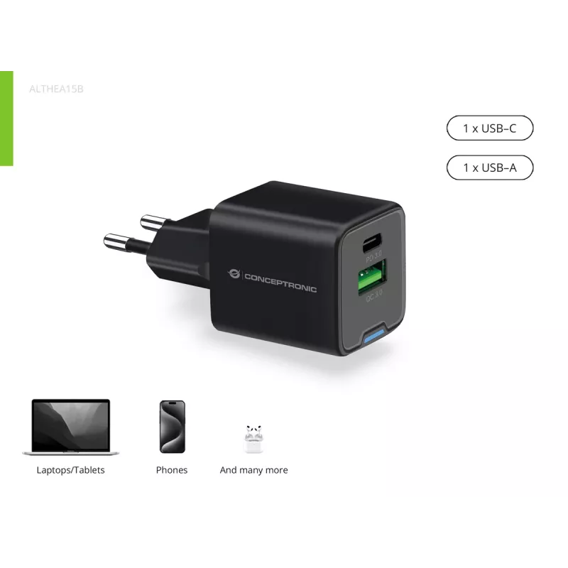 Conceptronic 2-port 20W GaN USB PD nabíjačka, USB-C x 1, USB-A x 1, QC 3.0, PPS