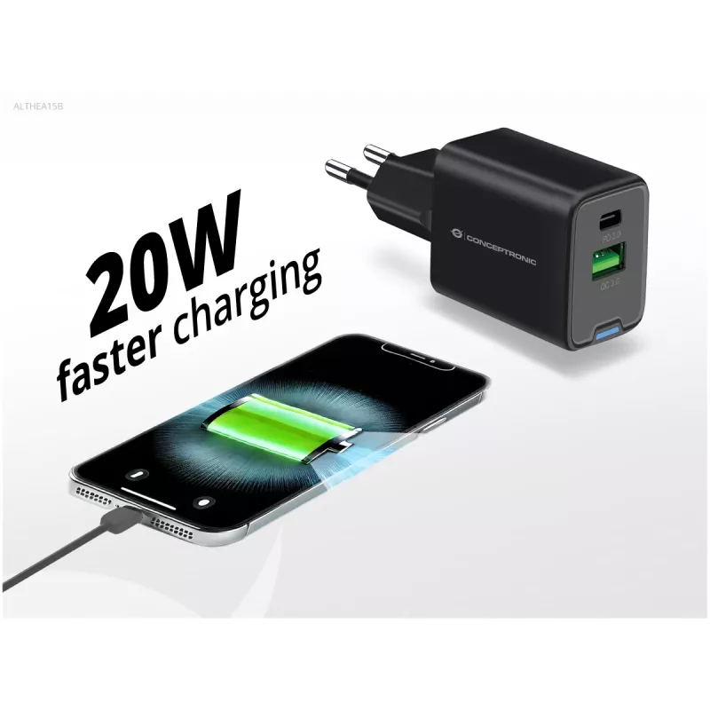 Conceptronic 2-port 20W GaN USB PD nabíjačka, USB-C x 1, USB-A x 1, QC 3.0, PPS