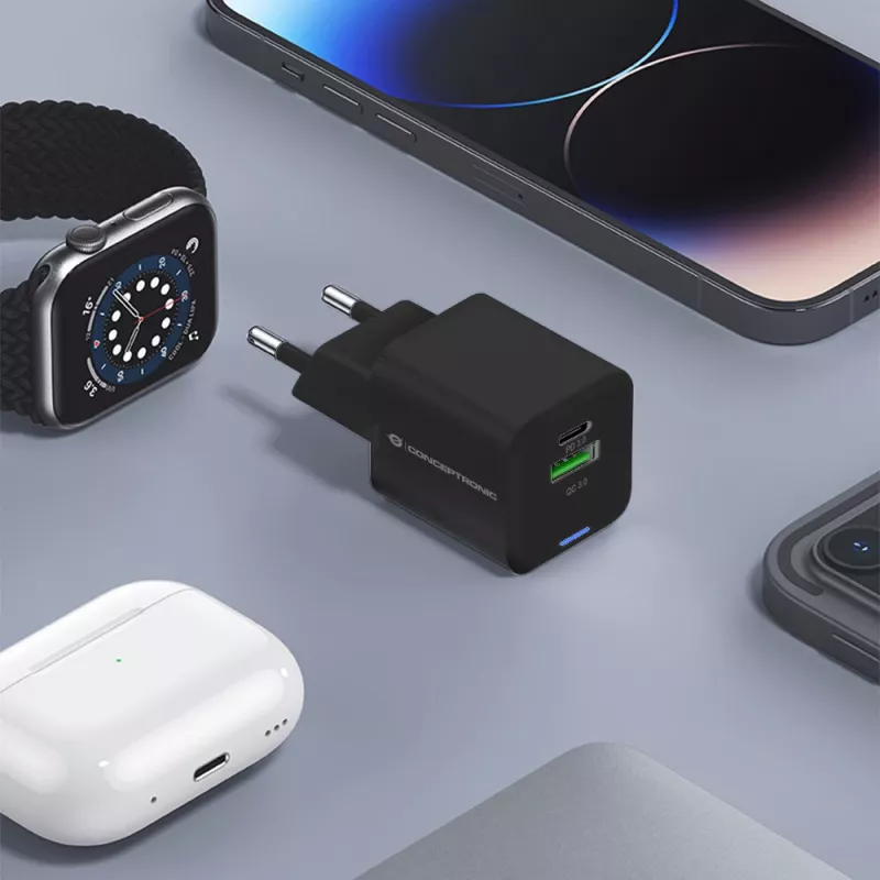 Conceptronic 2-port 20W GaN USB PD nabíjačka, USB-C x 1, USB-A x 1, QC 3.0, PPS