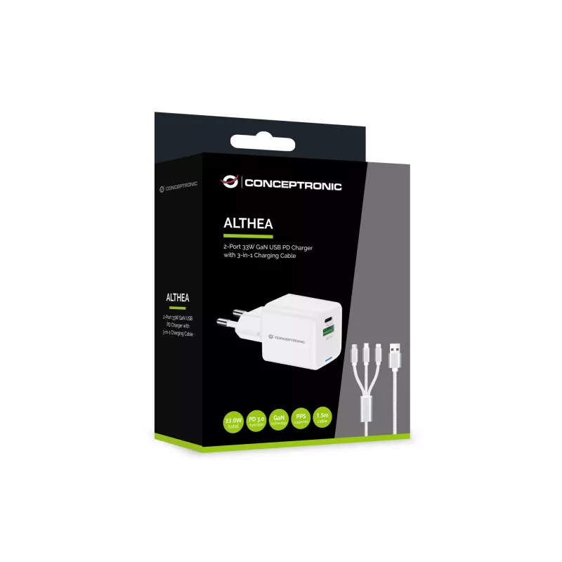 Conceptronic 2-port 33W GaN USB PD nabíjačka s 3-in-1 nabíjacím káblom, USB-C x 1, USB-A x 1, QC 3.0, PPS