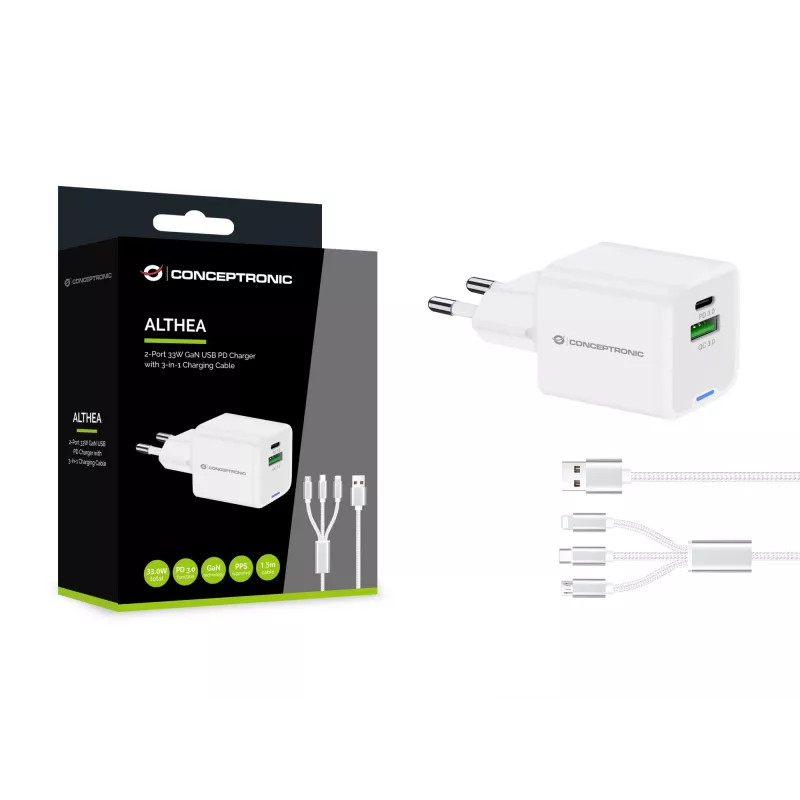 Conceptronic 2-port 33W GaN USB PD nabíjačka s 3-in-1 nabíjacím káblom, USB-C x 1, USB-A x 1, QC 3.0, PPS