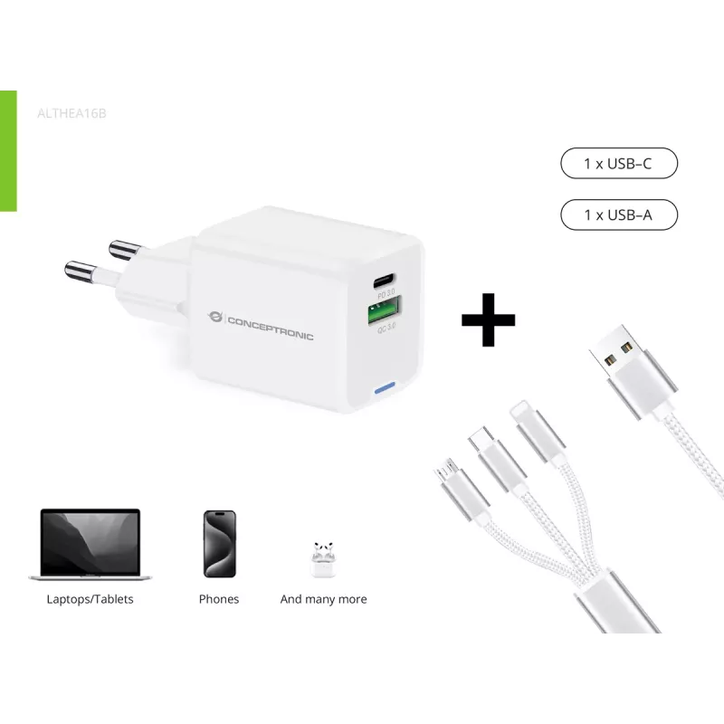 Conceptronic 2-port 33W GaN USB PD nabíjačka s 3-in-1 nabíjacím káblom, USB-C x 1, USB-A x 1, QC 3.0, PPS