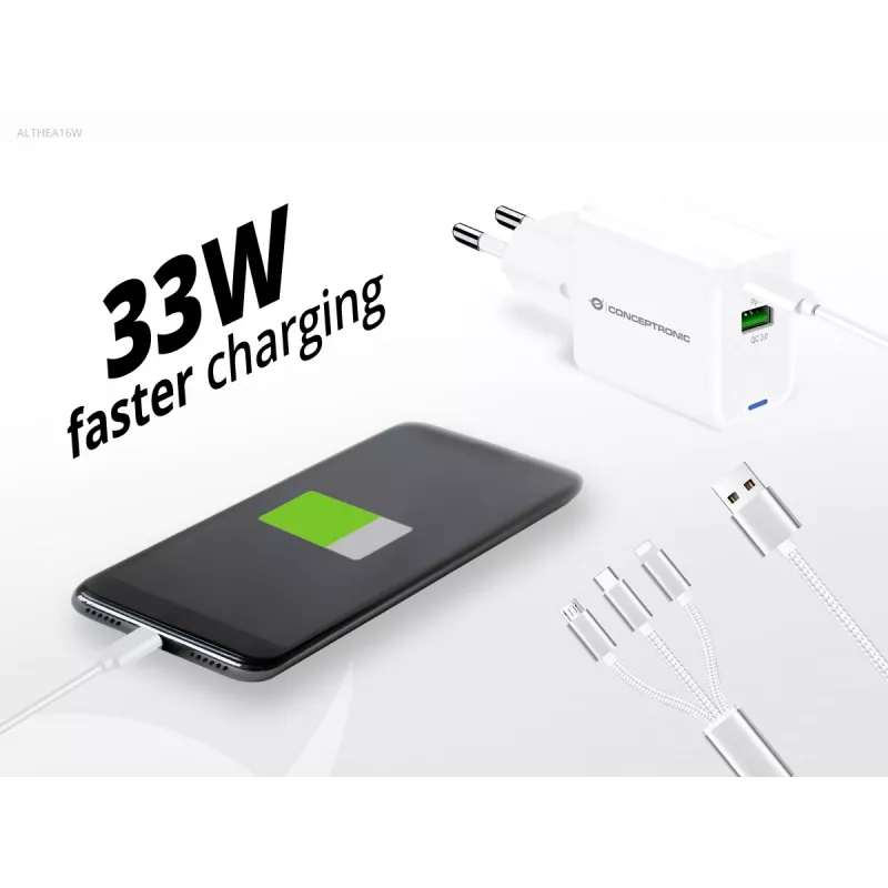 Conceptronic 2-port 33W GaN USB PD nabíjačka s 3-in-1 nabíjacím káblom, USB-C x 1, USB-A x 1, QC 3.0, PPS