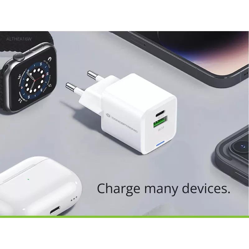Conceptronic 2-port 33W GaN USB PD nabíjačka s 3-in-1 nabíjacím káblom, USB-C x 1, USB-A x 1, QC 3.0, PPS