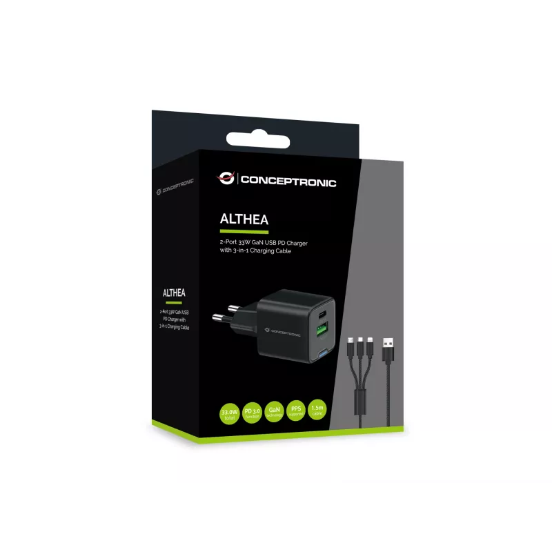 Conceptronic 2-port 33W GaN USB PD nabíjačka s 3-in-1 nabíjacím káblom, USB-C x 1, USB-A x 1, QC 3.0, PPS