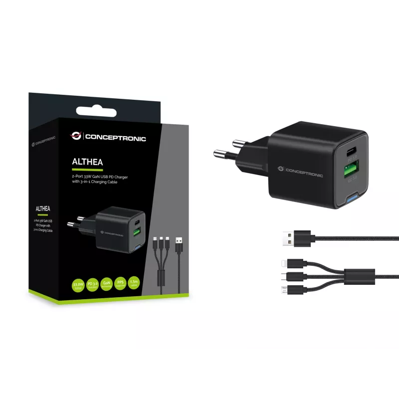 Conceptronic 2-port 33W GaN USB PD nabíjačka s 3-in-1 nabíjacím káblom, USB-C x 1, USB-A x 1, QC 3.0, PPS