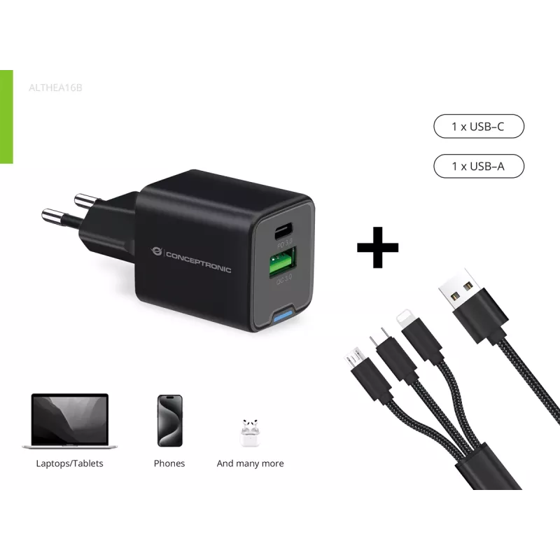 Conceptronic 2-port 33W GaN USB PD nabíjačka s 3-in-1 nabíjacím káblom, USB-C x 1, USB-A x 1, QC 3.0, PPS