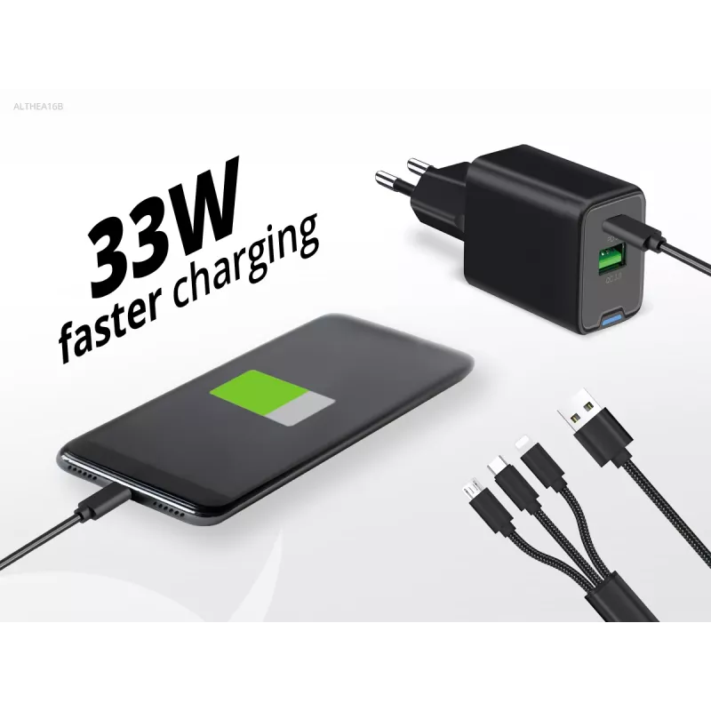 Conceptronic 2-port 33W GaN USB PD nabíjačka s 3-in-1 nabíjacím káblom, USB-C x 1, USB-A x 1, QC 3.0, PPS