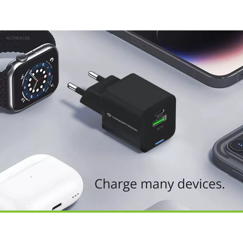 Conceptronic 2-port 33W GaN USB PD nabíjačka s 3-in-1 nabíjacím káblom, USB-C x 1, USB-A x 1, QC 3.0, PPS