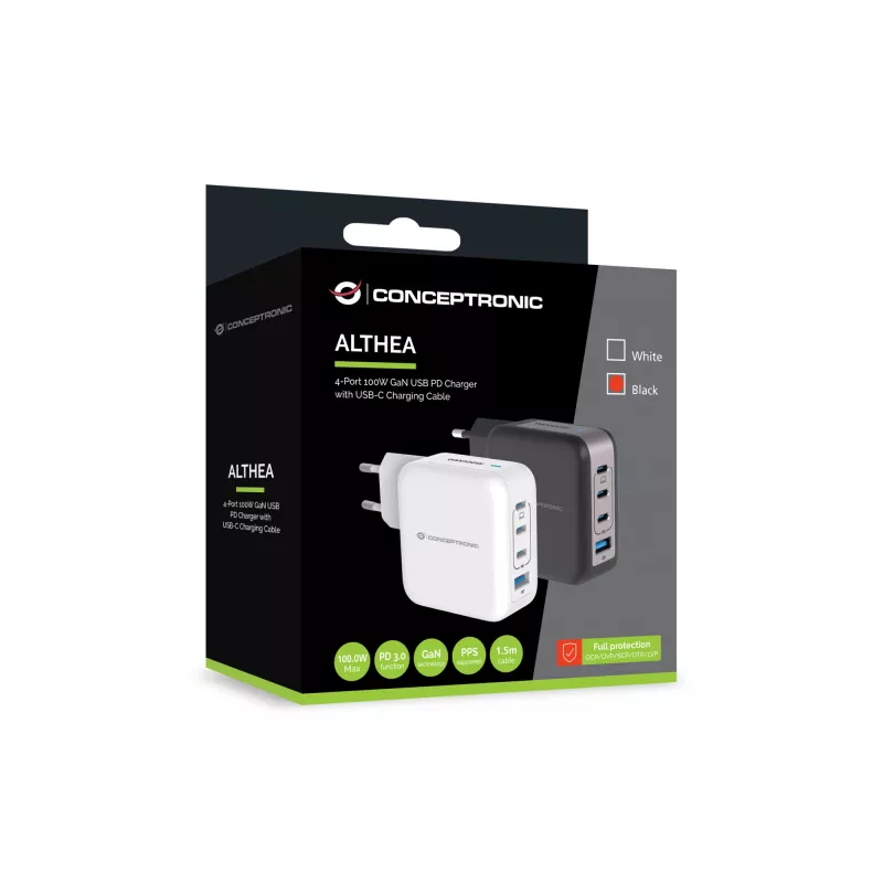 Conceptronic 4-port 100W GaN USB PD nabíjačka s USB-C nabíjacím káblom, USB-C x 3, USB-A x 1, QC 3.0, PPS