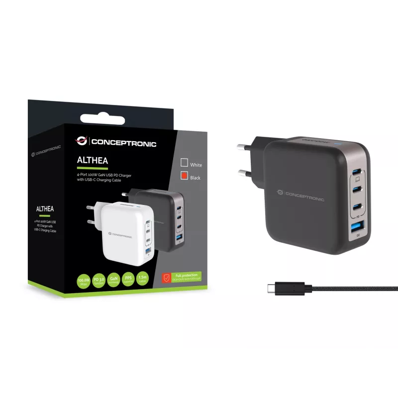 Conceptronic 4-port 100W GaN USB PD nabíjačka s USB-C nabíjacím káblom, USB-C x 3, USB-A x 1, QC 3.0, PPS
