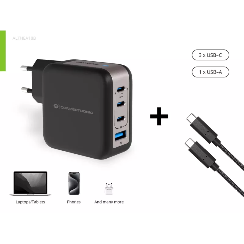 Conceptronic 4-port 100W GaN USB PD nabíjačka s USB-C nabíjacím káblom, USB-C x 3, USB-A x 1, QC 3.0, PPS