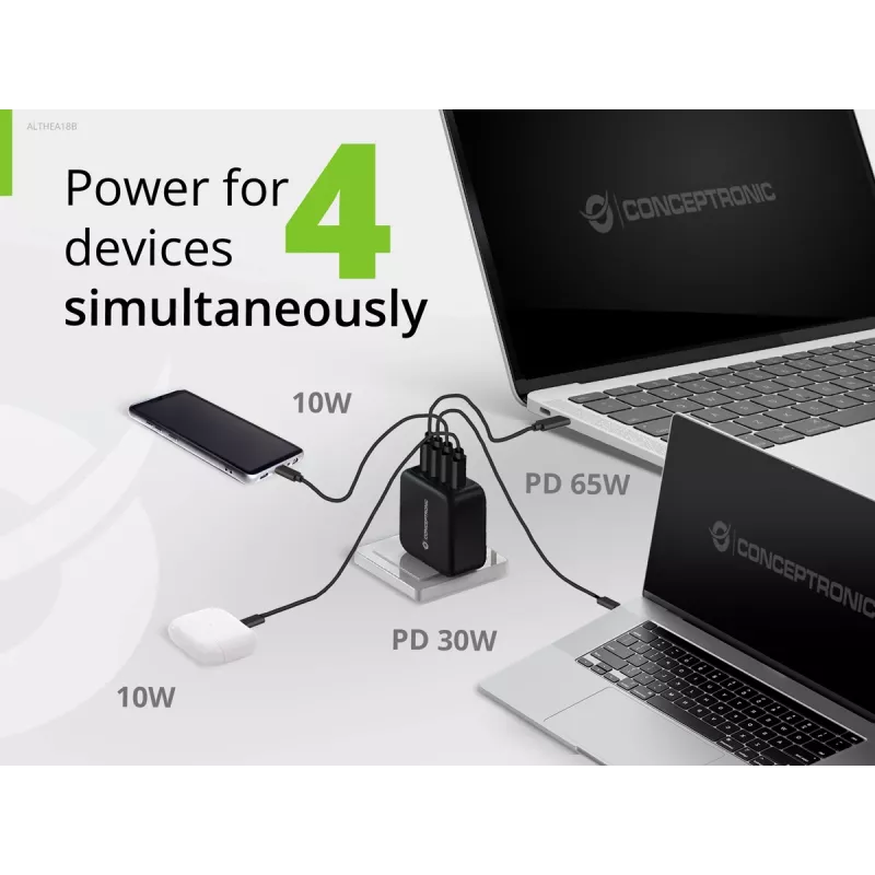 Conceptronic 4-port 100W GaN USB PD nabíjačka s USB-C nabíjacím káblom, USB-C x 3, USB-A x 1, QC 3.0, PPS