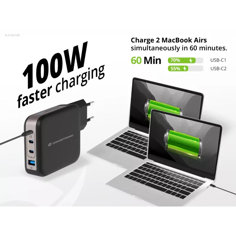 Conceptronic 4-port 100W GaN USB PD nabíjačka s USB-C nabíjacím káblom, USB-C x 3, USB-A x 1, QC 3.0, PPS