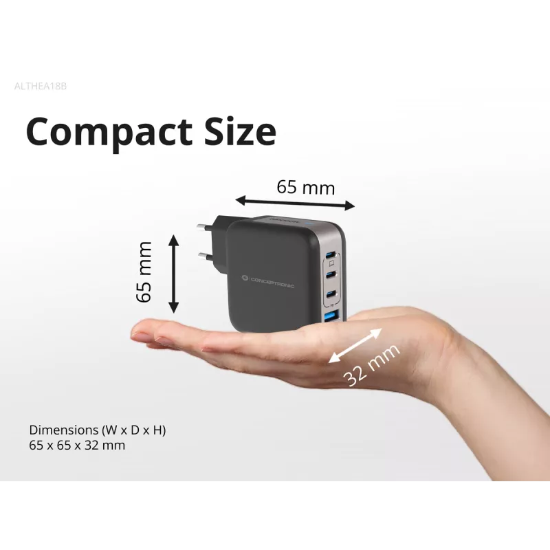 Conceptronic 4-port 100W GaN USB PD nabíjačka s USB-C nabíjacím káblom, USB-C x 3, USB-A x 1, QC 3.0, PPS
