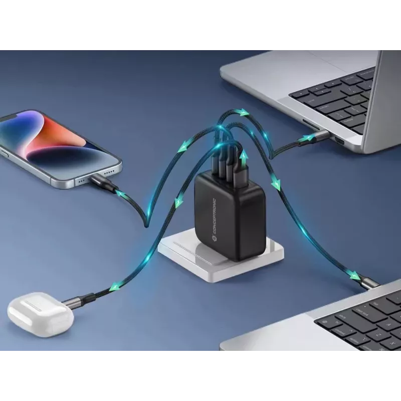 Conceptronic 4-port 100W GaN USB PD nabíjačka s USB-C nabíjacím káblom, USB-C x 3, USB-A x 1, QC 3.0, PPS