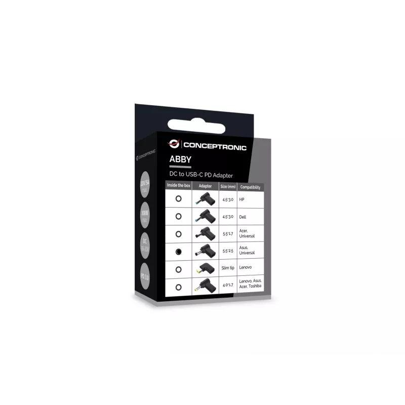 Conceptronic ABBY15PC04 DC-na-USB-C adaptér, Asus/Universal 5,5x2,5mm, 18–20V