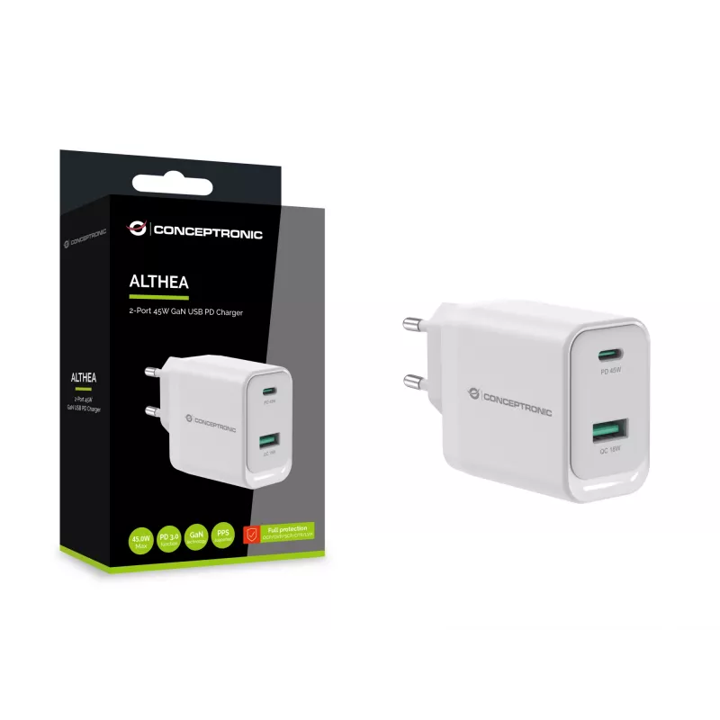 Conceptronic ALTHEA20W45 2-port 45W GaN USB PD nabíjačka, USB-C x 1, USB-A x 1, QC 3.0, PPS, PD 3.0