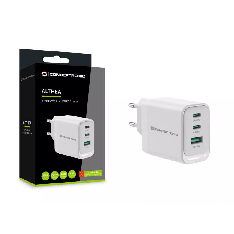 Conceptronic ALTHEA21W65 3-port 65W GaN USB PD nabíjačka, USB-C x 2, USB-A x 1, QC 3.0, PPS, PD 3.0