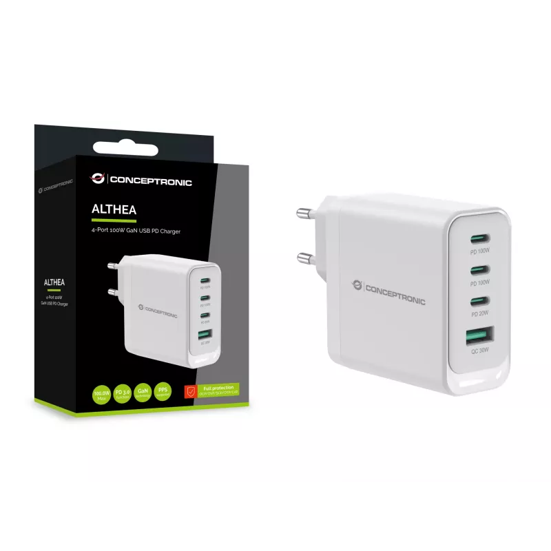 Conceptronic ALTHEA22W100 4-portová 100W GaN USB PD nabíjačka, USB-C x 3, USB-A x 1, QC 3.0, PPS, PD 3.0