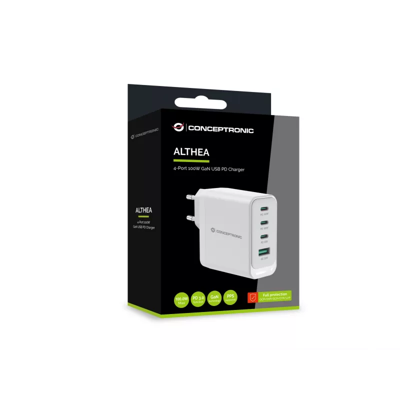 Conceptronic ALTHEA22W100 4-portová 100W GaN USB PD nabíjačka, USB-C x 3, USB-A x 1, QC 3.0, PPS, PD 3.0