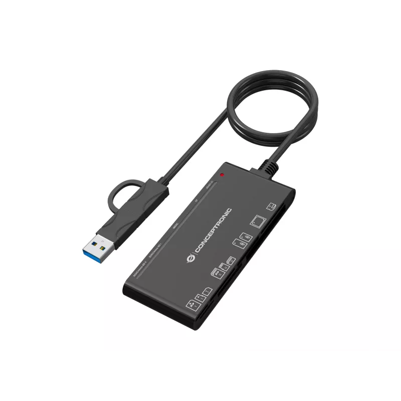 7-in-1 čítačka kariet CONCEPTRONIC BIAN10B — USB 3.2 Gen 1 Type-A/Type-C, CF/MMC/MS/SD/MicroSD/xD, čierna