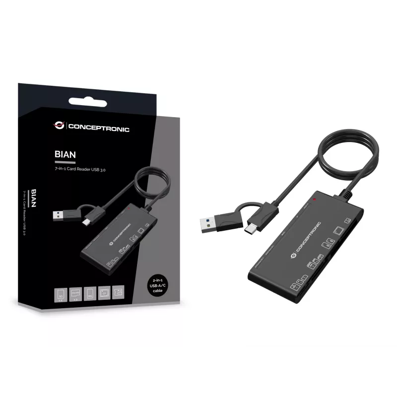 7-in-1 čítačka kariet CONCEPTRONIC BIAN10B — USB 3.2 Gen 1 Type-A/Type-C, CF/MMC/MS/SD/MicroSD/xD, čierna