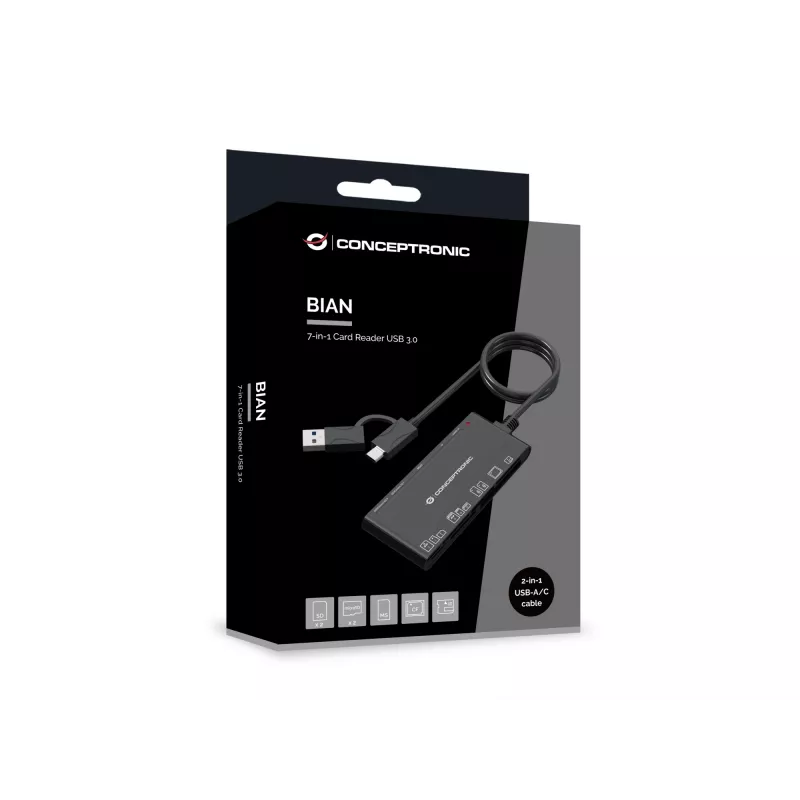 7-in-1 čítačka kariet CONCEPTRONIC BIAN10B — USB 3.2 Gen 1 Type-A/Type-C, CF/MMC/MS/SD/MicroSD/xD, čierna