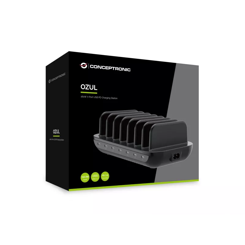 Conceptronic OZUL07B 160W 7-portová USB PD nabíjacia stanica, USB-C x 7, PD 3.0