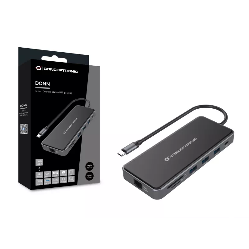 Conceptronic DONN15G dokovacia stanica/portový replikátor pre notebook káblová USB 3.2 Gen 1 (3.1 Gen 1) Type-C sivá