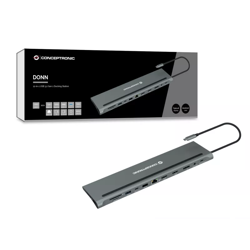 Conceptronic DONN17G dokovacia stanica/portový replikátor pre notebook káblová USB 3.2 Gen 1 (3.1 Gen 1) Type-C sivá