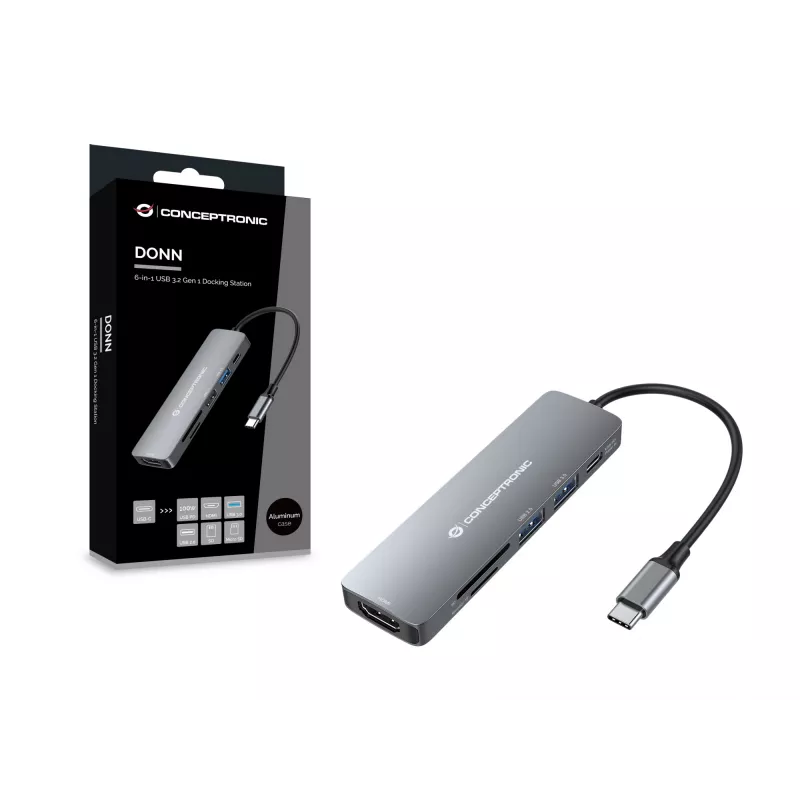 Conceptronic DONN11G 6-in-1 USB 3.2 Gen 1 dokovacia stanica, HDMI, 100W USB PD, USB 3.0, USB 2.0, SD, TF/MicroSD