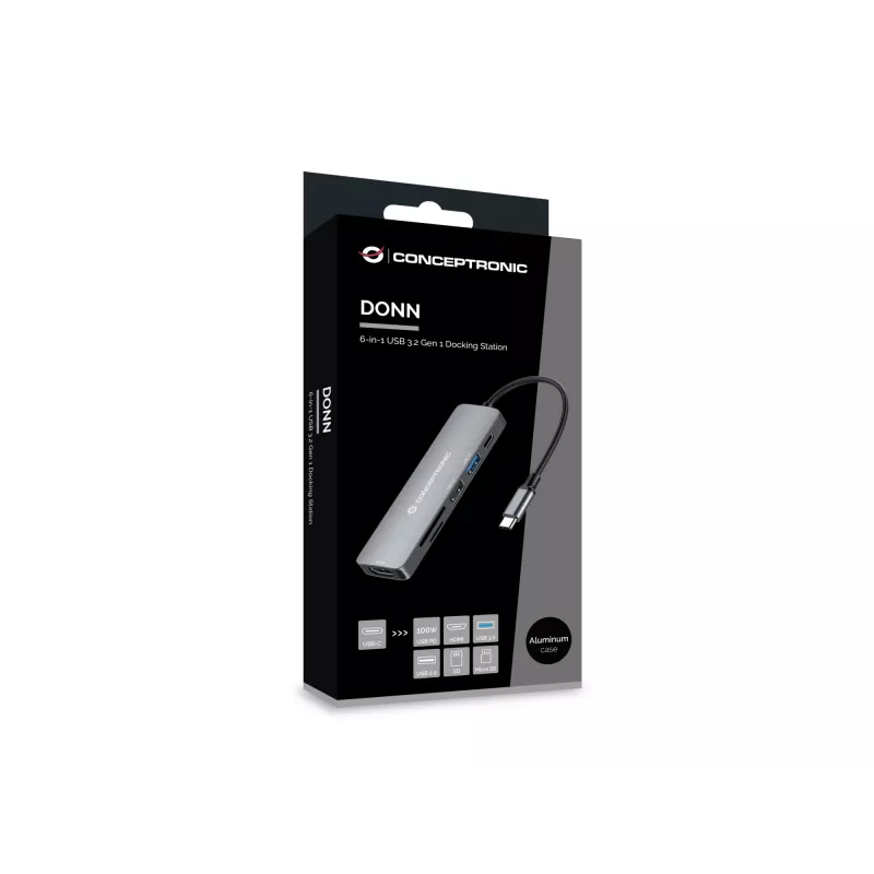 Conceptronic DONN11G 6-in-1 USB 3.2 Gen 1 dokovacia stanica, HDMI, 100W USB PD, USB 3.0, USB 2.0, SD, TF/MicroSD