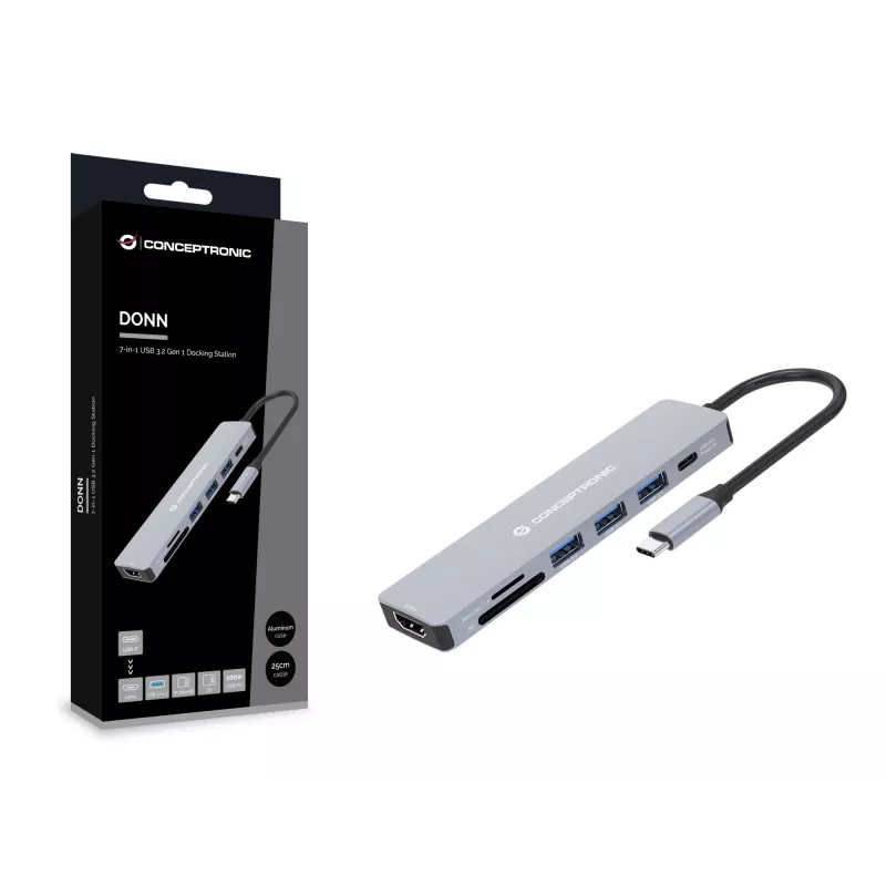 Conceptronic DONN19G 7-in-1 USB 3.2 Gen 1 dokovacia stanica, HDMI, USB-A 3.0 x 3, SD, TF/MicroSD, 100W USB PD