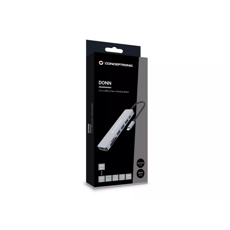 Conceptronic DONN19G 7-in-1 USB 3.2 Gen 1 dokovacia stanica, HDMI, USB-A 3.0 x 3, SD, TF/MicroSD, 100W USB PD