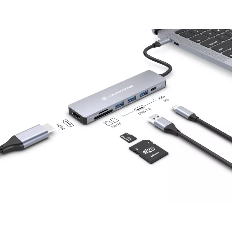 Conceptronic DONN19G 7-in-1 USB 3.2 Gen 1 dokovacia stanica, HDMI, USB-A 3.0 x 3, SD, TF/MicroSD, 100W USB PD