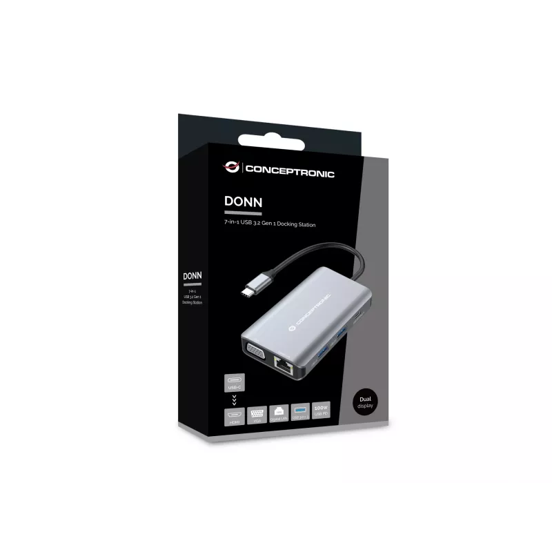 Conceptronic DONN21G dokovacia stanica/portový replikátor pre notebook káblová USB 3.2 Gen 1 (3.1 Gen 1) Type-C sivá