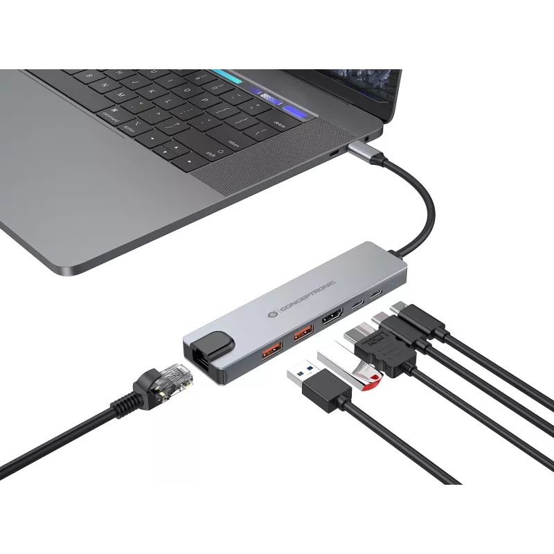 Conceptronic DONN29G 6-in-1 USB 3.2 Gen 2 dokovacia stanica, 4K60Hz HDMI, USB-A 10Gbps x 2, USB-C 10Gbps, GbE LAN, 140W USB PD 3.1