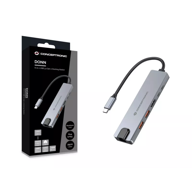 Conceptronic DONN29G 6-in-1 USB 3.2 Gen 2 dokovacia stanica, 4K60Hz HDMI, USB-A 10Gbps x 2, USB-C 10Gbps, GbE LAN, 140W USB PD 3.1