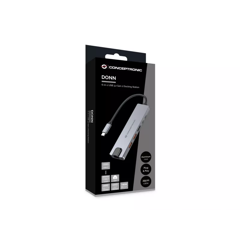 Conceptronic DONN29G 6-in-1 USB 3.2 Gen 2 dokovacia stanica, 4K60Hz HDMI, USB-A 10Gbps x 2, USB-C 10Gbps, GbE LAN, 140W USB PD 3.1