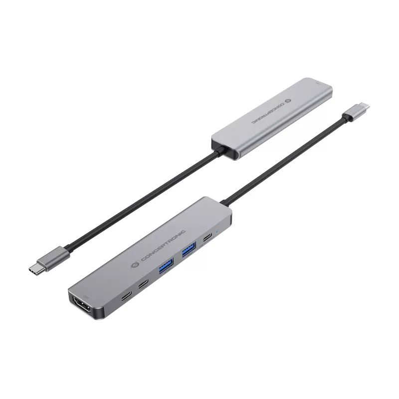 6-in-1 USB 3.2 Gen 1 dokovacia stanica CONCEPTRONIC DONN33G HDMI, 2×USB-A 5Gbps, 2×USB-C 5Gbps, 100W USB PD, strieborná