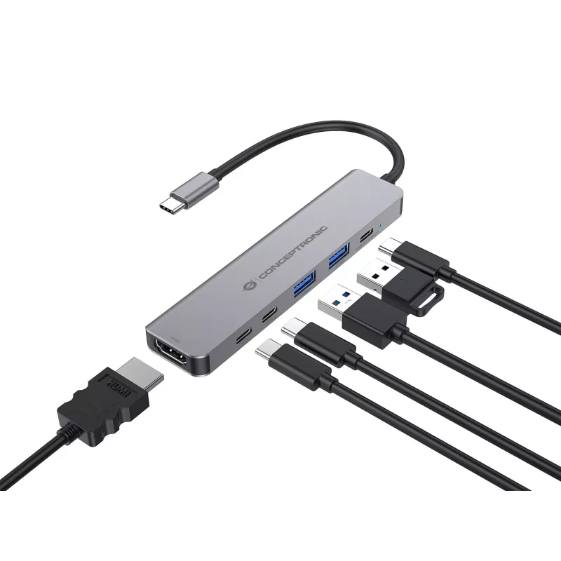 6-in-1 USB 3.2 Gen 1 dokovacia stanica CONCEPTRONIC DONN33G HDMI, 2×USB-A 5Gbps, 2×USB-C 5Gbps, 100W USB PD, strieborná