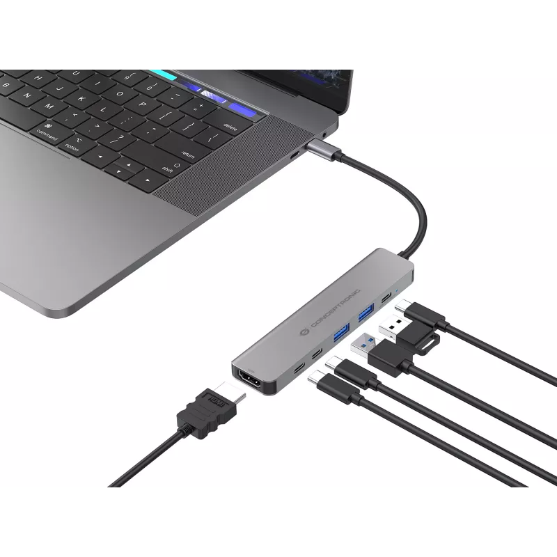 6-in-1 USB 3.2 Gen 1 dokovacia stanica CONCEPTRONIC DONN33G HDMI, 2×USB-A 5Gbps, 2×USB-C 5Gbps, 100W USB PD, strieborná